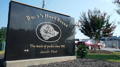 This sign marks the entrance of the Boar's Head processing plant that was tied to a deadly food poisoning outbreak Thursday Aug. 29, 2024, in Jarratt, Va.