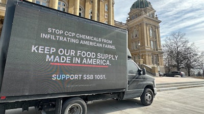 A truck sits outside the Iowa state capitol building in Des Moines, Feb. 10, 2025.