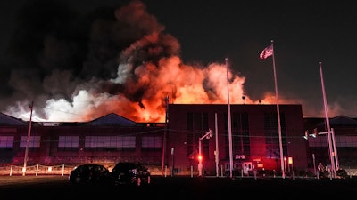 A fire engulfs SPS Technologies in Jenkintown, Pa., Monday, Feb. 17, 2025.