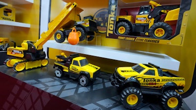 Tonka toys are displayed at the Toy Fair, in New York's Javits Center, Monday, March 3, 2025.