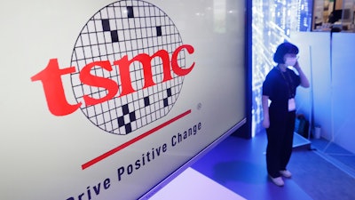 This photo shows the logo of TSMC during the Taiwan Innotech Expo at the World Trade Center in Taipei, Taiwan, Oct. 14, 2022.
