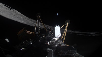 This photo provided by Intuitive Machines on Friday, March 7, 2025, shows the Athena, a private lunar lander, after landing sideways in a crater near the moon's south pole.