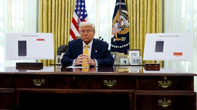 President Donald Trump delivers remarks in the Oval Office of the White House in Washington, Friday, March 7, 2025.