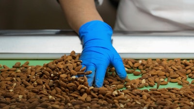 Angelita Delgado sorts through almonds by hand at Stewart and Jasper Orchards, Newman, Calif., March 7, 2025.