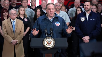 Vice President JD Vance, right, and Ohio Gov. Mike DeWine, left, listen as Environmental Protection Agency administrator Lee Zeldin, center, speaks in East Palestine Fire Station on Feb 3, 2025, in East Palestine, Ohio, Feb. 3, 2025.