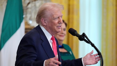 President Donald Trump speaks during an event with Ireland's Prime Minister Micheál Martin in the East Room of the White House in Washington, Wednesday, March 12, 2025.