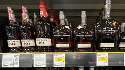 Bottles of bourbon whiskey on display at a liquor store in Niles, Ill., March 13, 2025.