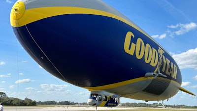 The Goodyear Blimp is prepared for takeoff, Wednesday, Feb. 12, 2025, in New Smyrna Beach, Fla.