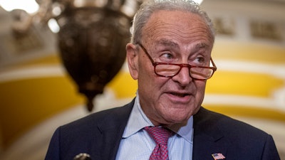 Senate Majority Leader Chuck Schumer, D-N.Y., speaks with reporters on Capitol Hill in Washington, July 9, 2024.