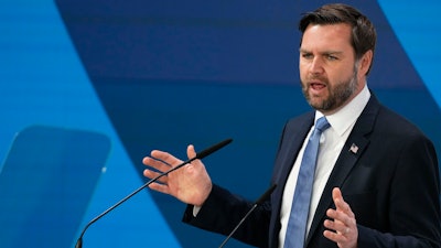 United States Vice-President JD Vance addresses the audience during the Munich Security Conference at the Bayerischer Hof Hotel in Munich, Germany, Friday, Feb. 14, 2025.
