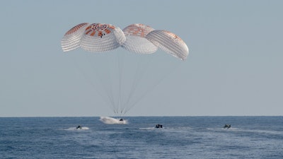NASA astronauts Nick Hague, Suni Williams, Butch Wilmore, and Roscosmos cosmonaut Aleksandr Gorbunov land in a SpaceX Dragon spacecraft in the water off the coast of Tallahassee, Florida on March 18, 2025.