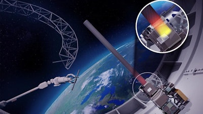 Artist's concept depicts structural assembly and novel composite-forming process experiments to be conducted in space in 2026 during Phase 3 of DARPA's NOM4D program.