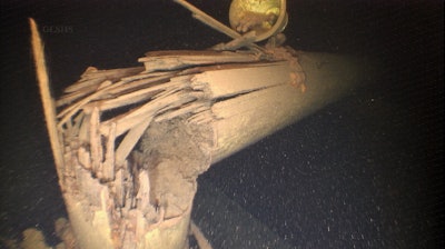 This image provided by Great Lakes Shipwreck Historical Society shows the broken mast from the Western Reserve, a merchant ship that sank in Lake Superior in 1892 off Michigan’s Upper Peninsula.