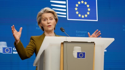 European Commission President Ursula von der Leyen addresses a media conference at the end of an EU summit in Brussels, Thursday, March 20, 2025.